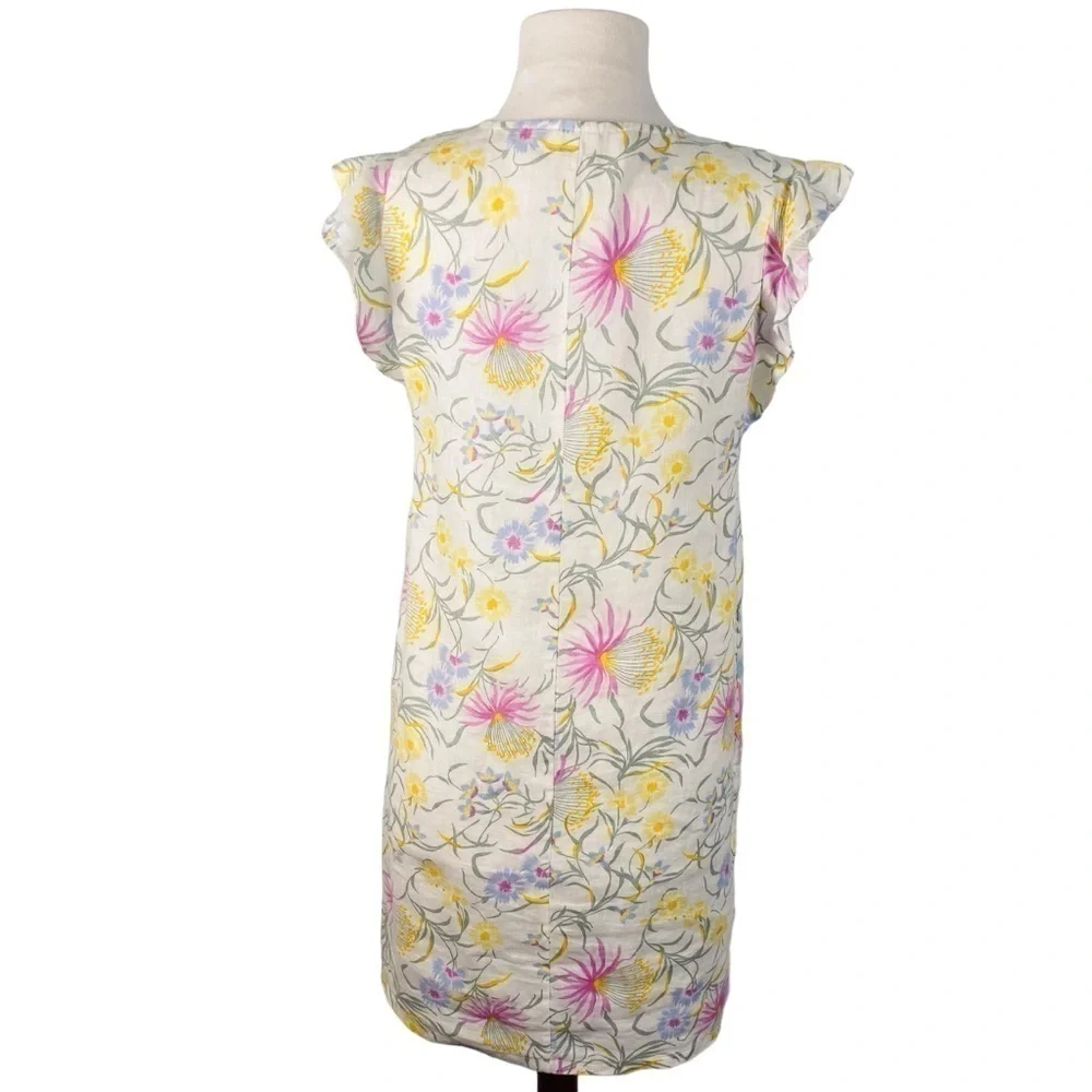 Joie Floral 100% Linen Ruffle Cap Sleeve V-Neck Dress Sz X Small - Picture 3 of 8